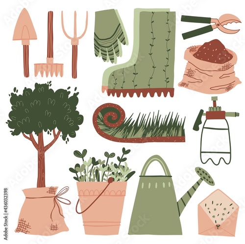 Vector hand drawn gardening illustration. Cute elements of garden work: tools, seeds, rubber boots, seedling, watering can. Images for the horticultural industry, flower shop. Spring, summer time