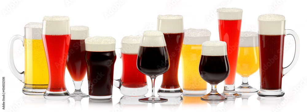 Set of fresh different beer glasses with bubble froth on white background. Set of fresh different beer glasses with bubble froth on white background.