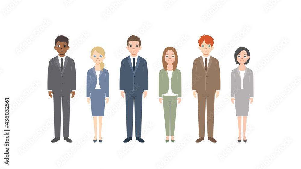 Business multinational team. Vector illustration of diverse cartoon men and women in office outfits. Isolated on white background. Colorful vector illustration in flat style