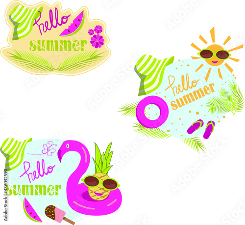 Set of isolated transparent summer compositions with beach accessories drawn in a cartoon flat style and Hello summer typography