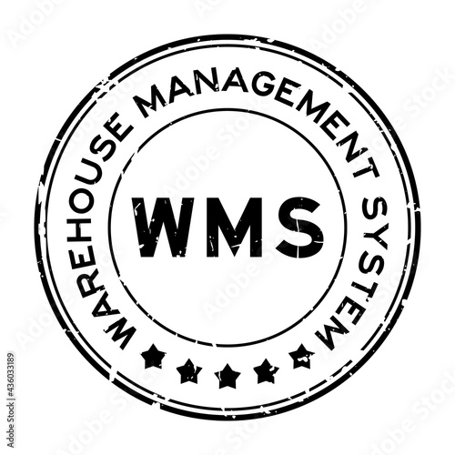 Grunge black WMS warehouse management system word round rubber seal stamp on white background