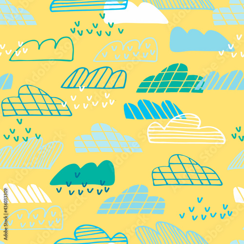 Seamless pattern with abstract yellow sky, geometric clouds, rain in cartoon style. Wallpaper, backgound for kids. Perfect for baby, toddler clothing, bed linen
