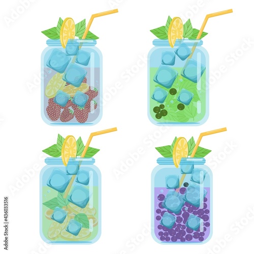 Cocktail drinks.Set of bright juicy fruit cocktails in glass jars, vector illustration in flat style, isolated, cartoon.