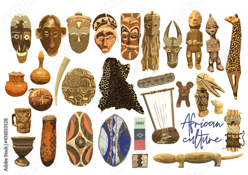 Traditional African culture attributes isolated on a white background