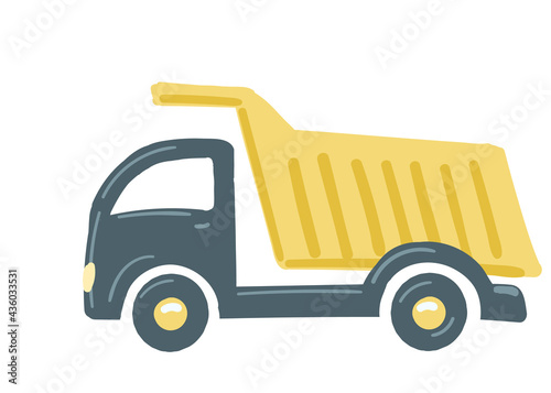 truck dump truck car yellow. isolated car. construction equipment. hand drawn cartoon style, vector illustration.