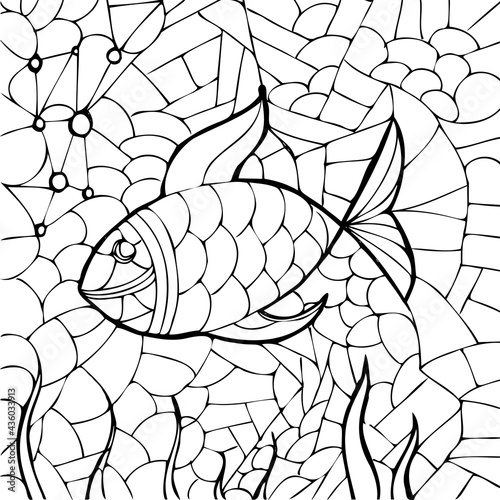 Doodle fantasy under sea and fish coloring page for adults. Fantastic graphic artwork. Hand drawn simple illustration.