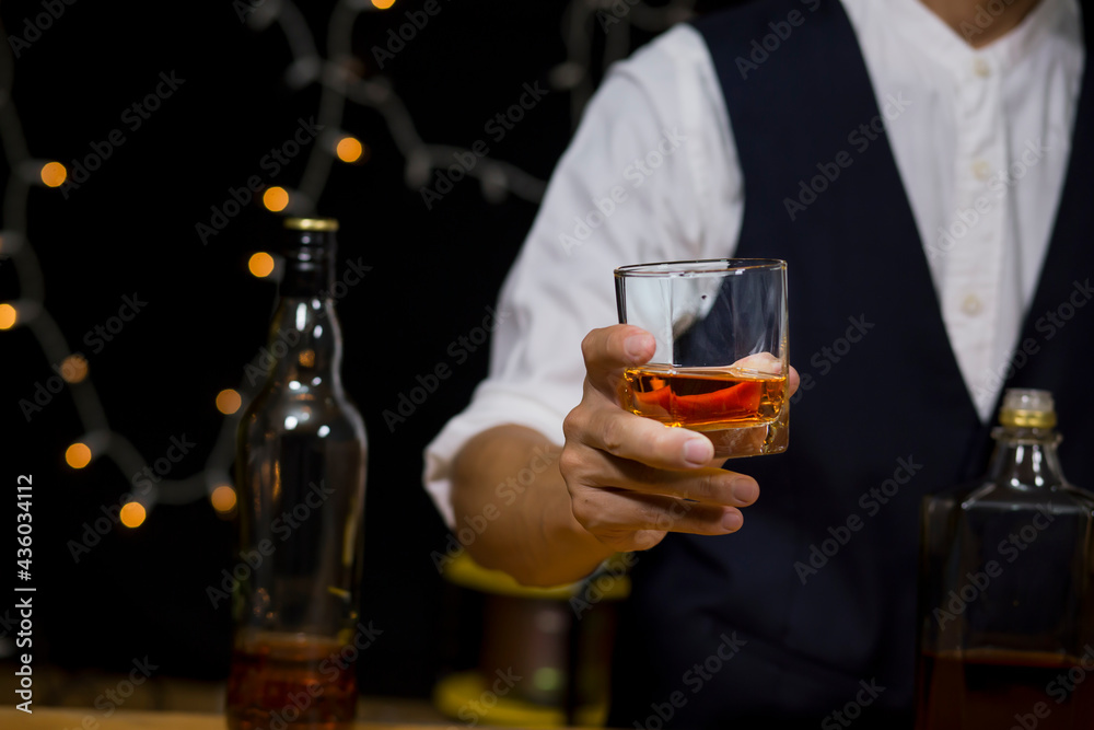 Bartender Serve Whiskey, on wood bar, Bartender Serve Whiskey, on wood bar,