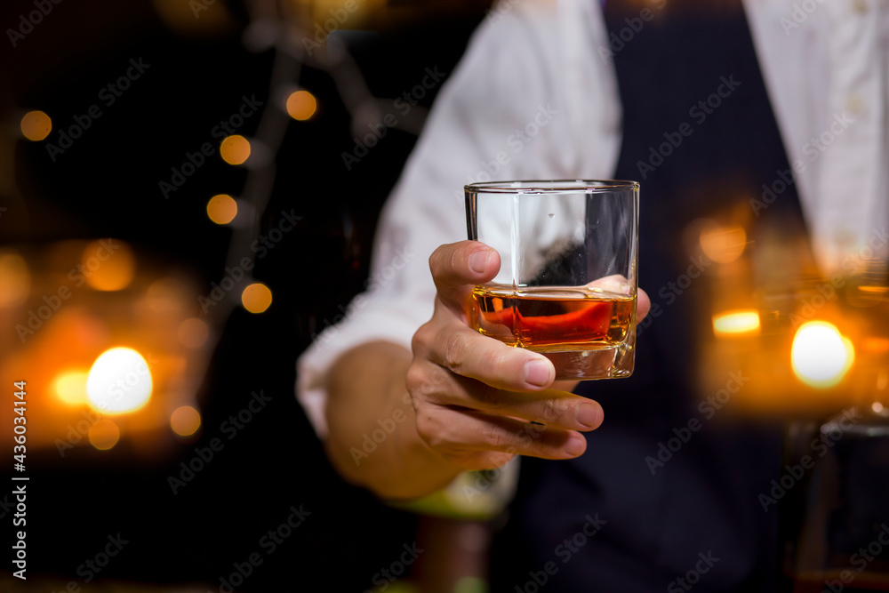 Bartender Serve Whiskey, on wood bar, Bartender Serve Whiskey, on wood bar,