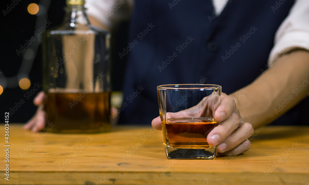 Bartender Serve Whiskey, on wood bar, Bartender Serve Whiskey, on wood bar,