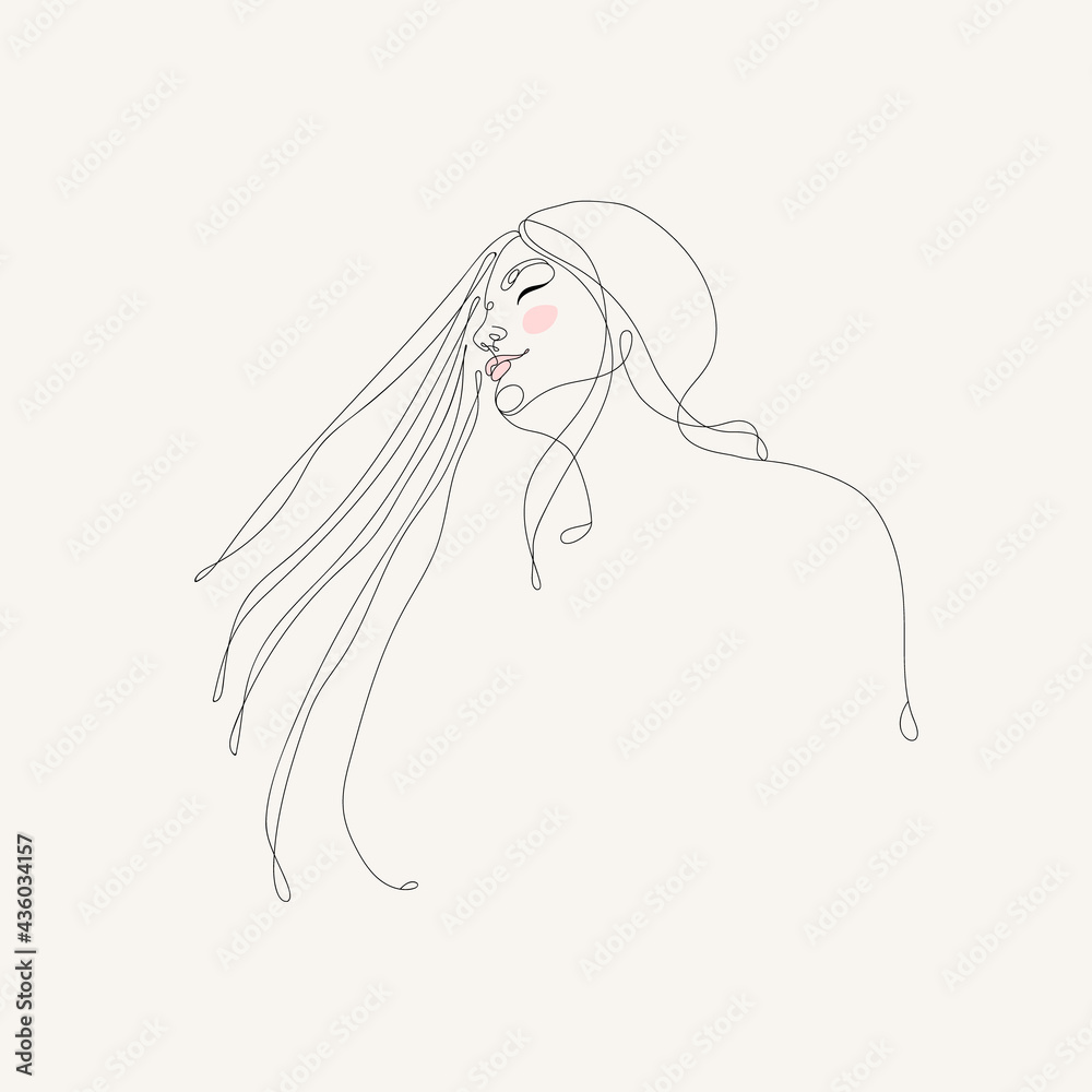 Illustration of girl with long hair in line art drawing style. Modern ...