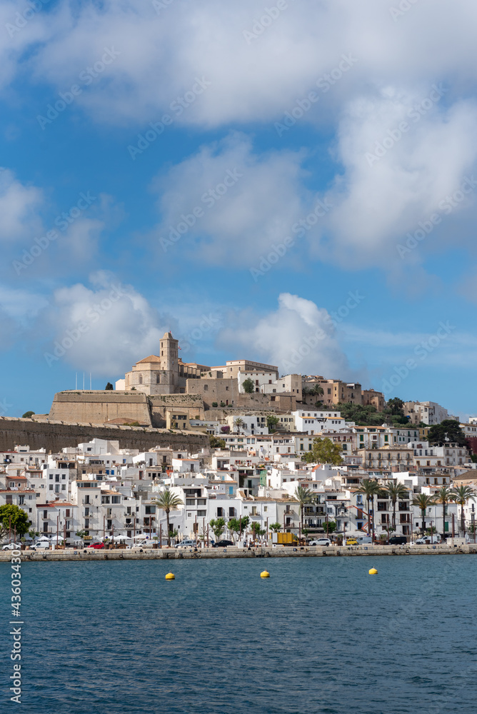 Ibiza, Spain: 2021 May 25: Port of the Marina of Ibiza in Dalt Vila in time of Covid19 the city of Ibiza, the Balearic Islands in Spain.