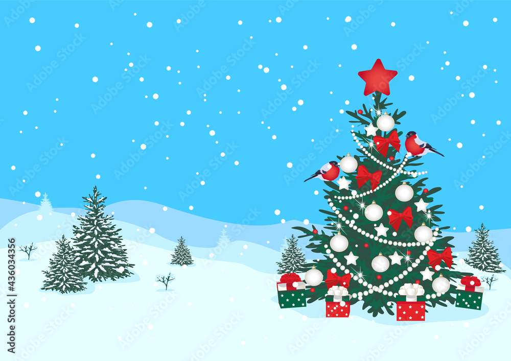 Merry Christmas. The Christmas tree is decorated with balls and garlands and presents against the backdrop of a winter landscape. Vector horizontal illustration for poster, greeting card or flyer