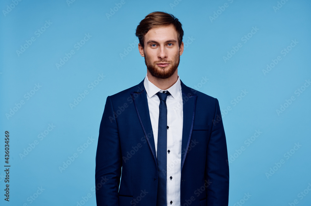 business man in suit self confidence financial office blue background business man in suit self confidence financial office blue background