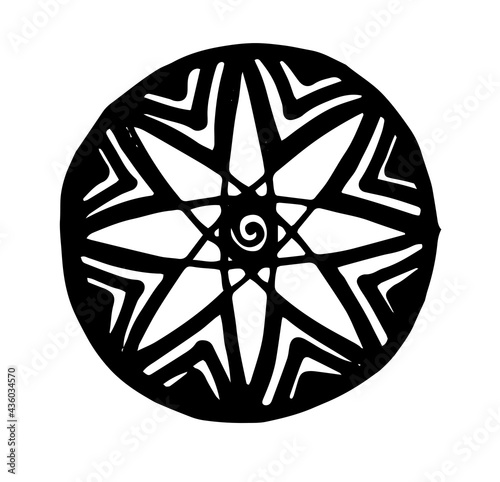 vector stylized multipath star in a circle with a triangle pattern, hand-drawn in sketch style simple mandala with a spiral inside a black line on a white background for a design template on a white b photo