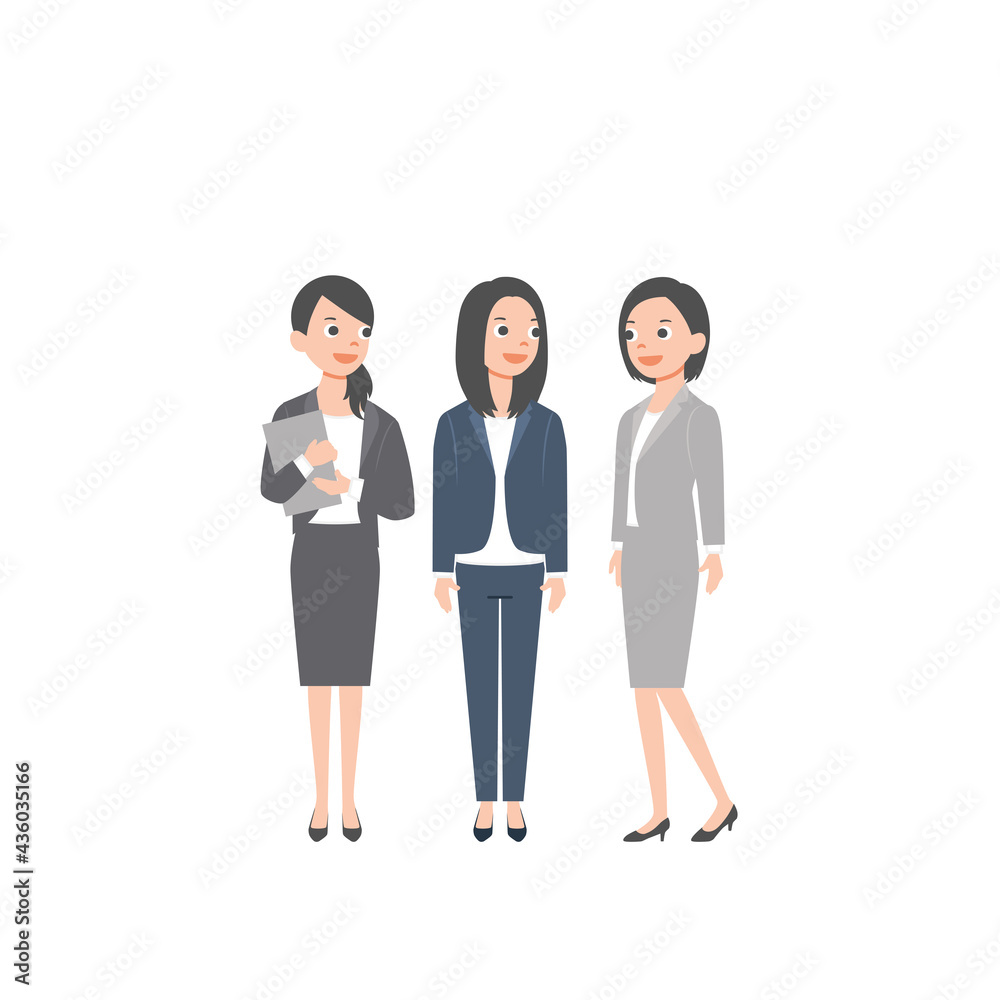 Business asian team. Vector illustration of diverse cartoon women in office outfits. Isolated on white background. Colorful vector illustration in flat style Business asian team. Vector illustration of diverse cartoon women in office outfits. Isolated on white background. Colorful vector illustration in flat style