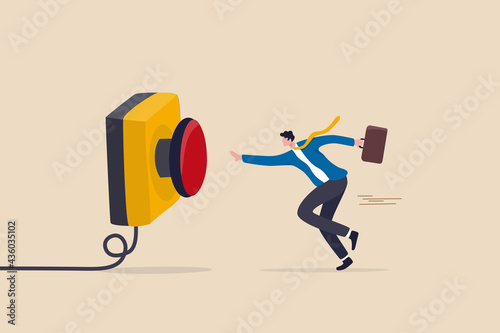 Push button call for emergency help, control or launch rocket, start new business or launch start up company concept, cautious businessman running in hurry to push red emergency button.