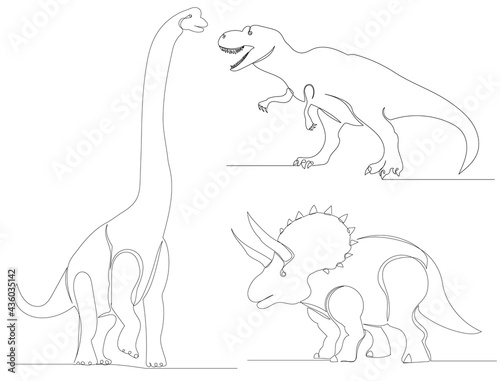 dinosaur continuous line drawing, sketch, isolated, vector, set