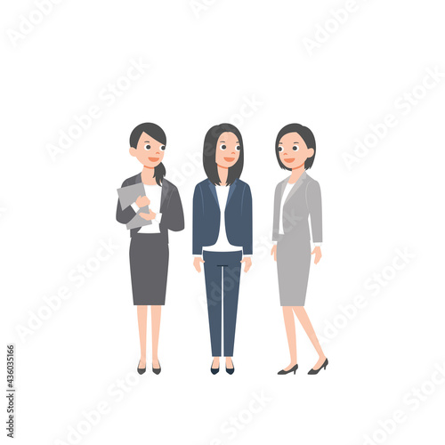 Business asian team. Vector illustration of diverse cartoon women in office outfits. Isolated on white background. Colorful vector illustration in flat style