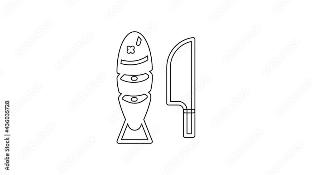 Black line Fish with sliced pieces with knife icon isolated on white background. 4K Video motion graphic animation Black line Fish with sliced pieces with knife icon isolated on white background. 4K Video motion graphic animation
