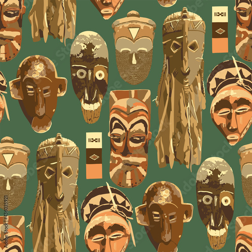 Vector seamless pattern of vintage woodenn masks.