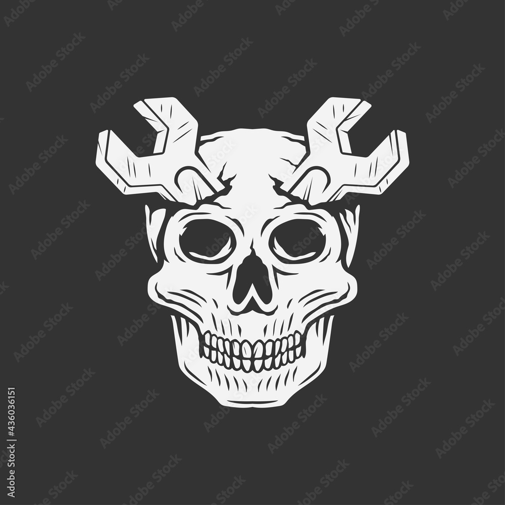 skull with wrench as a horn in the head. vector illustration