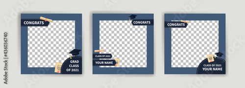 Photo booth props frame for graduation party. Selfie concept. Frame with hats for graduates. Congratulate graduate quotes.