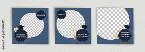 Photo booth props frame for graduation party. Selfie concept. Frame with hats for graduates. Congratulate graduate quotes.