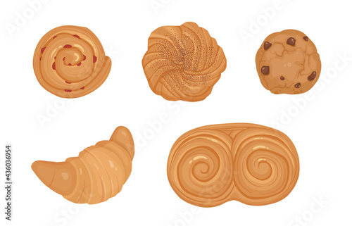 Bundle of bakery products and homemade baked food of different types, shapes and sizes isolated on white background - croissant,loaf, bun, baguette, toast, muffin. Hand drawn vector illustration.