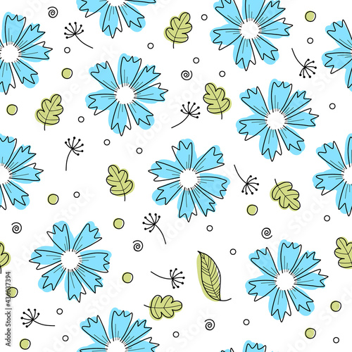 Elegant blue flowers with branches seamless pattern. Romantic blooming plants with leaves, stem seamless pattern. Beautiful floral summer or spring wallpaper template. Natural blossom botany backdrop