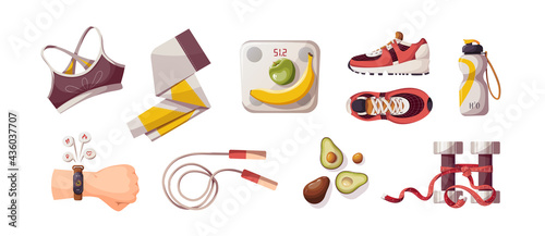 Set of sport elements for Healthy lifestyle, Sport equipment, fitness, training, sportswear, sports shop, gym. Isolated vector illustration for poster, banner, advertising.