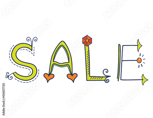 Sale badge image with green word “sale” and with orange and red decorations vector illustration
