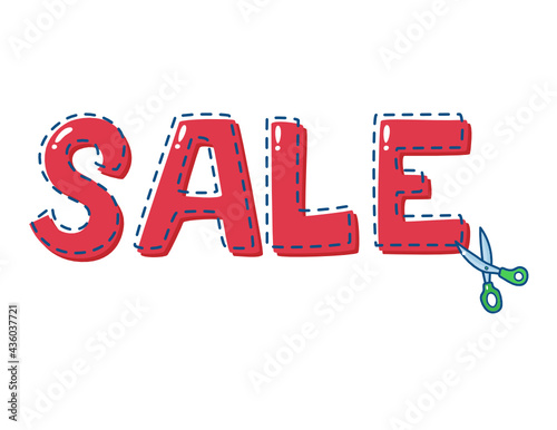 Sale badge image with red word “sale”, dashed outline and with scissors vector illustration