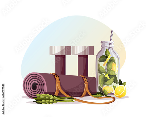 Yoga mat, dumbbells, detox drink, asparagus. Sport, Workout, Healthy lifestyle, Gym, Fitness, Training, Yoga concept. Isolated vector illustration for poster, banner, advertising, card