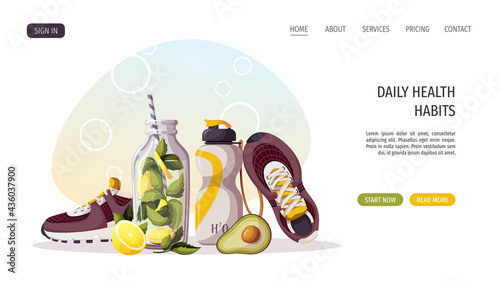 Sneakers, bottle, detox drink, avocado. Sport, fitness, training,  healthy lifestyle, diet, natural food, workout concept. Vector illustration for poster, banner, website, advertising.