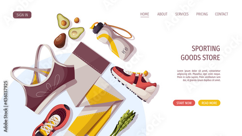 Healthy lifestyle, natural food, motivation, sport equipment, fitness, training, sportswear, sporting goods store, workout concept. Vector illustration for poster, banner, website, advertising.