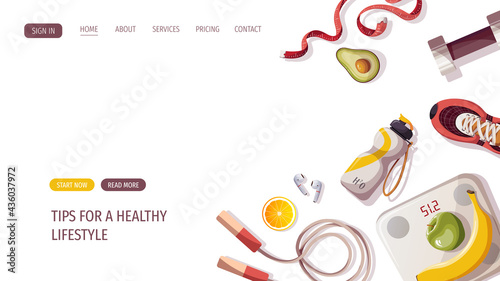 Healthy lifestyle, natural food, motivation, sport equipment, fitness, training, sportswear, sporting goods store, workout concept. Vector illustration for poster, banner, website, advertising.