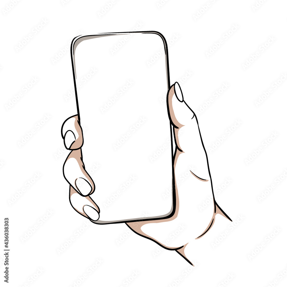 Fototapeta premium Hand holding smartphone and touching screen. Line art. Realistic hand with gadget