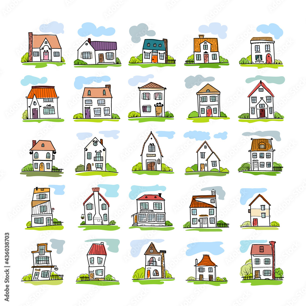 Sketch set of summer and spring hand-drawn house, detached, single family houses with trees. Doodle cartoon vector illustration of Home Sweet Home. House Exterior. 

