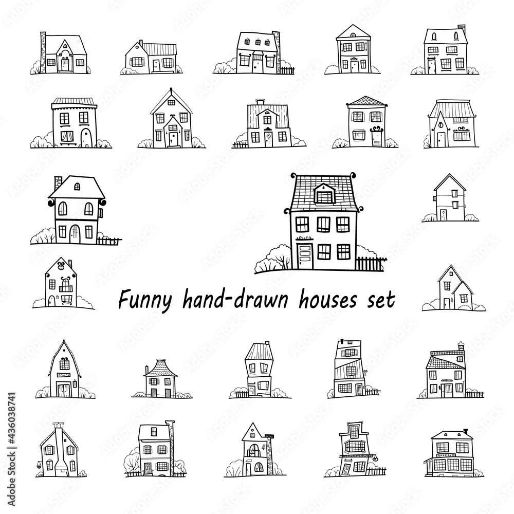 Sketch set of black hand-drawn house, detached, single family houses with trees. Doodle cartoon vector illustration of Home Sweet Home. House Exterior. 
