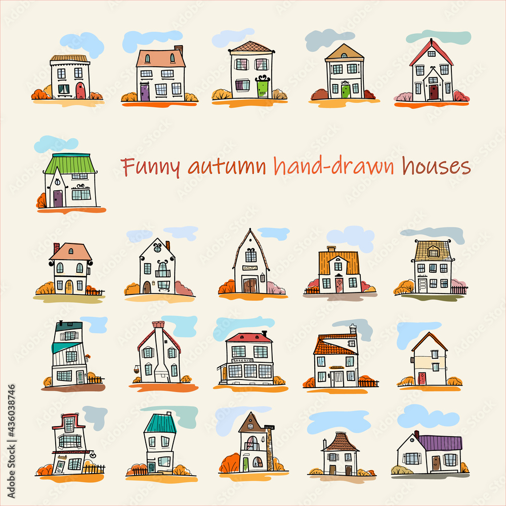 Sketch set of autumn Halloween hand-drawn house, detached, single family houses with trees. Doodle cartoon vector illustration of Home Sweet Home. House Exterior. 
