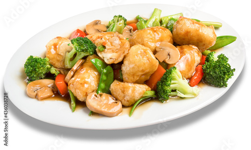Peruvian Chifa, a fusion of Chinese cuisine with Peruvian ingredients: Chicken with soy sauce and vegetables