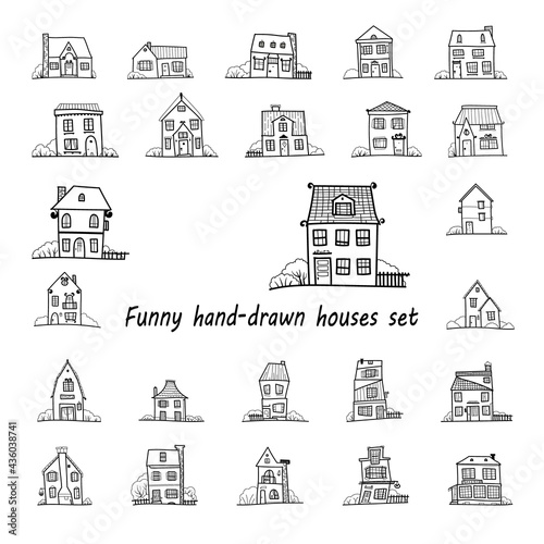 Sketch set of black hand-drawn house, detached, single family houses with trees. Doodle cartoon vector illustration of Home Sweet Home. House Exterior. © Liudmila Tykhomirova