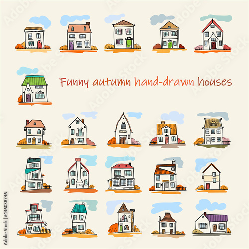 Sketch set of autumn Halloween hand-drawn house, detached, single family houses with trees. Doodle cartoon vector illustration of Home Sweet Home. House Exterior. 
