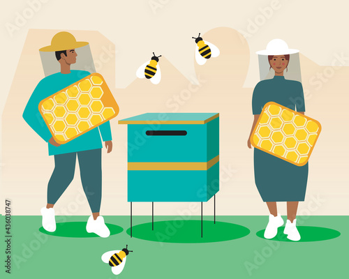 Couple of beekeepers, family honey production, Flat vector stock illustration with Man and woman with honeycomb