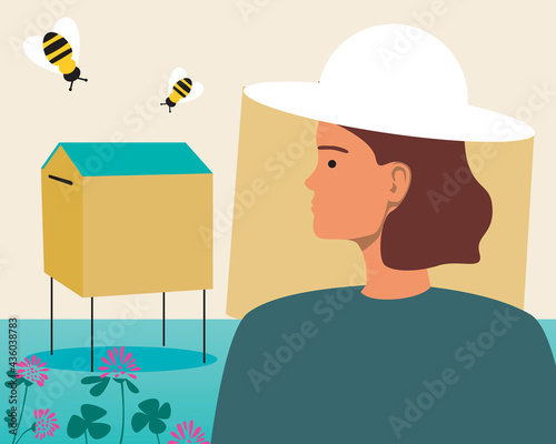 Woman beekeeper in bee mask at apiary, flat vector stock illustration with person working in farm garden and clover honey