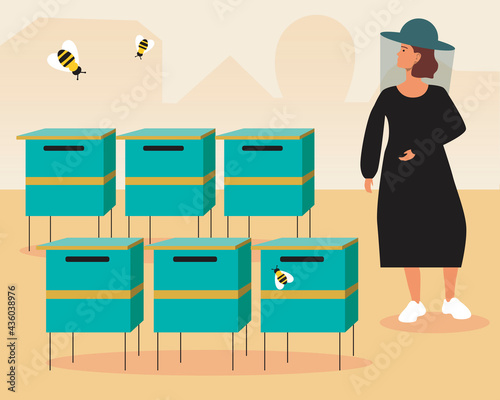 Apiary on a farm in a village, Flat vector stock illustration with Woman contains bees in a mask for natural honey