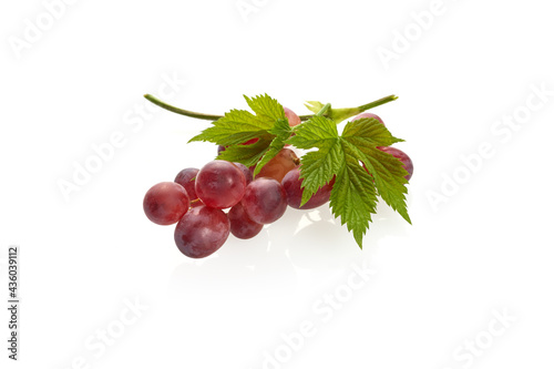 Ripe red grape. Bunch with leaves isolated on white background