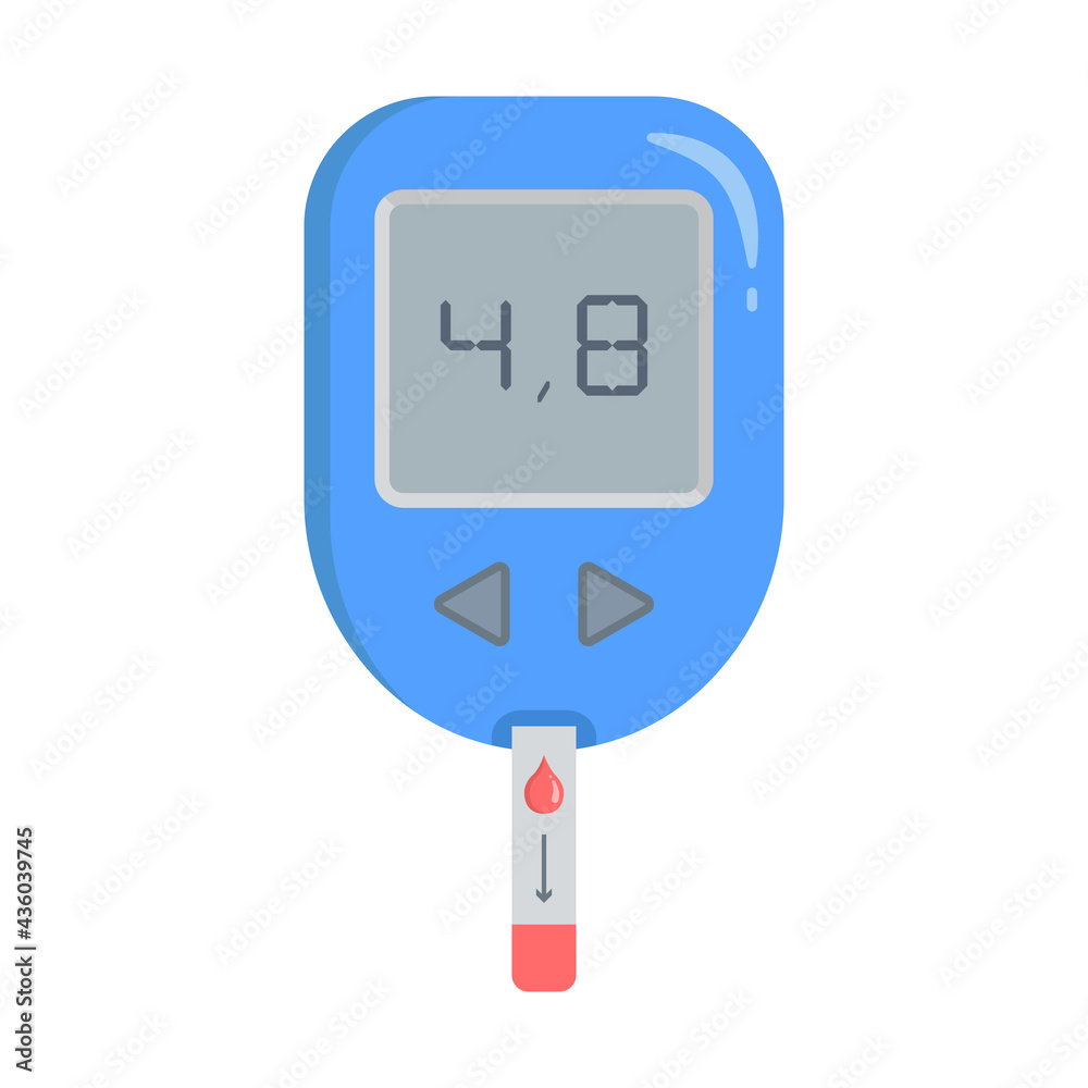 Glucometer with test strip. A device for measuring blood sugar levels. The indicator on the screen is normal. Flat cartoon style. Isolated vector illustration on white background. Glucometer with test strip. A device for measuring blood sugar levels. The indicator on the screen is normal. Flat cartoon style. Isolated vector illustration on white background.
