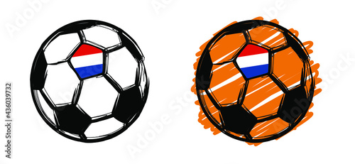 Flat vector black grunge soccer ball with the flag of the Netherlands. Grungy football. Cartoon euro sport EK, WK pictogram Sports game cup. Holland 2020, 2021