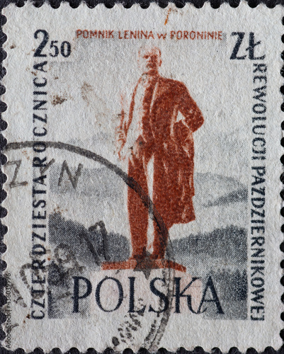 POLAND-CIRCA 1957 : A post stamp printed in Poland showing the Lenin Monument in Poronin. Anniversary of the October Revolution in Russia photo